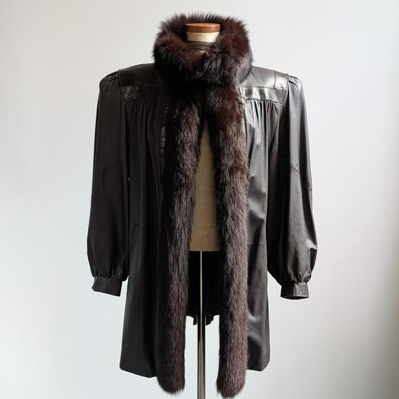 Vintage Black Leather Trench Coat Fur Penny Lane Jacket Goth Minimalist Large - Picture 1 of 11